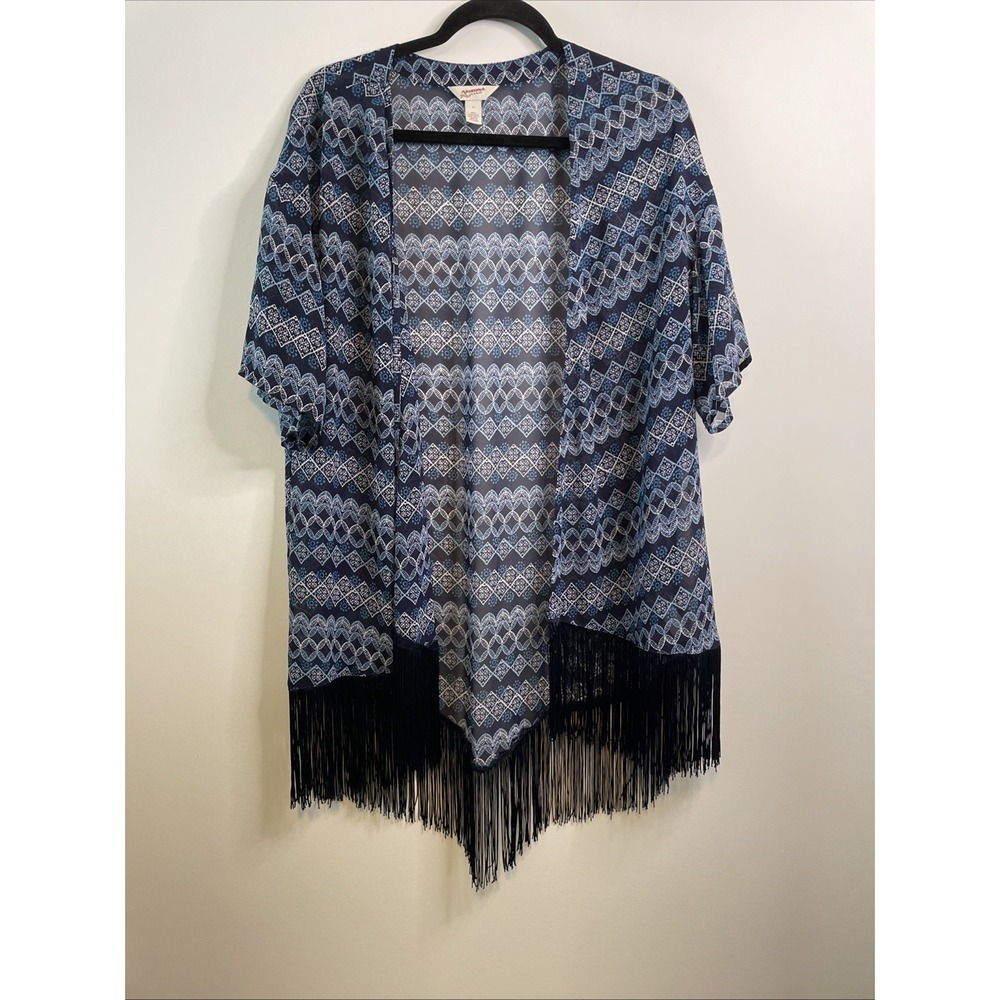 Arizona Jeans L Blue Geometric Kimono Top Fringe Boho Open Front